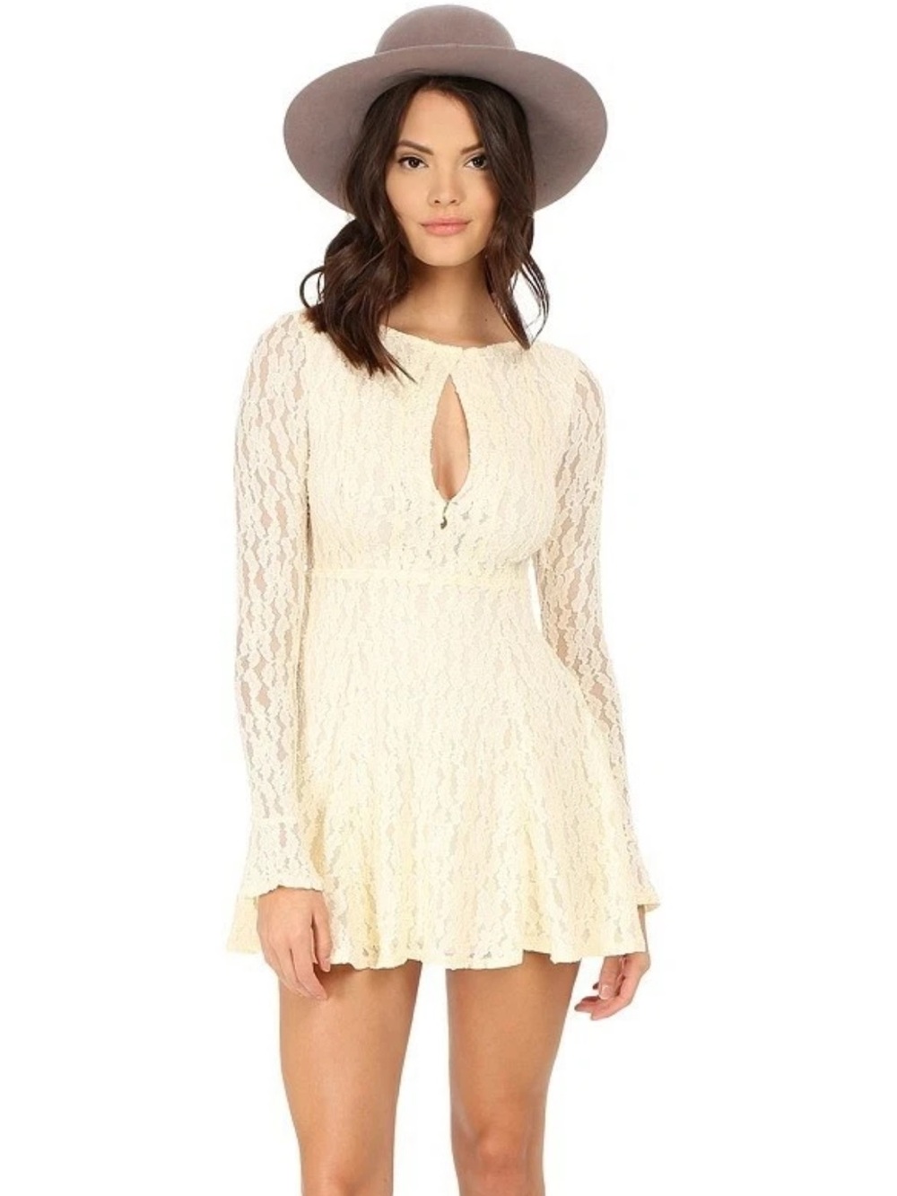 Free People Womens Floral Lace Fit & Flare Dress Shearling Size Medium Cream